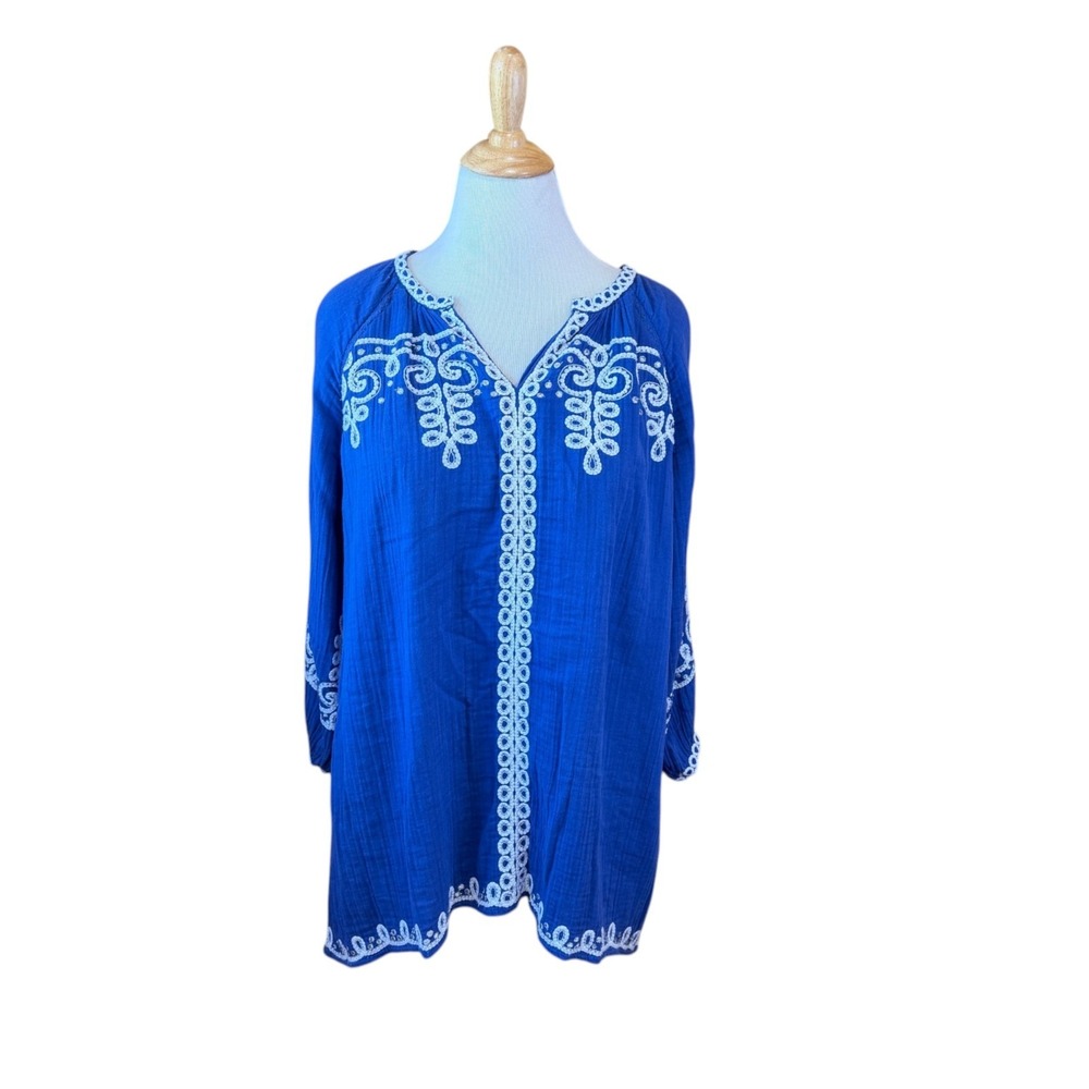 Soft Surroundings Royal Blue Flowy 100% Cotton Tunic with White Detail XL